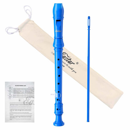 Picture of Eastar Soprano Recorder Instrument for Kids Beginners, German Fingering C Key Recorder Instrument 3 Piece with Cleaning Kit, Thumb Rest, Cotton Bag, Fingering Chart, ERS-21GB, Blue, School-Approved