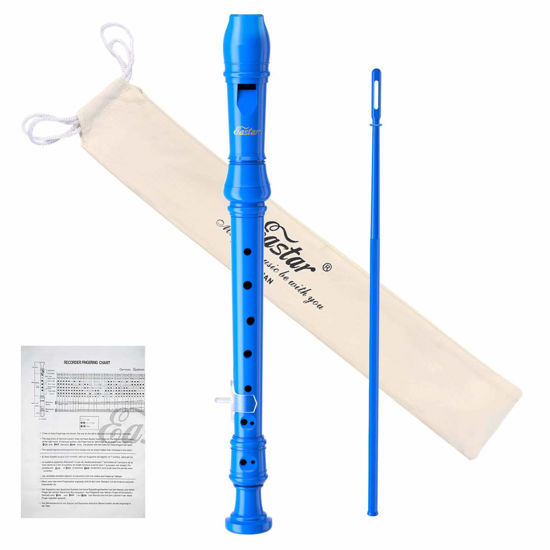 Picture of Eastar Soprano Recorder Instrument for Kids Beginners, German Fingering C Key Recorder Instrument 3 Piece with Cleaning Kit, Thumb Rest, Cotton Bag, Fingering Chart, ERS-21GB, Blue, School-Approved