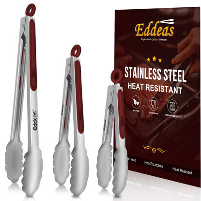 Picture of Eddeas Tongs For Cooking - 7",9" and 12 inch Kitchen Tong Heat Resistant 600 Degrees Stainless Steel Tongs, Heavy Duty Metal Locking Tongs - Perfect for Food, BBQ Red Set of 3
