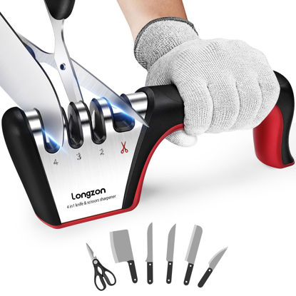 Picture of Longzon 4-in-1 Knife Sharpener [4 Stage] with a Pair of Cut-Resistant Glove, Original Premium Polish Blades, Best Kitchen Knife Sharpener Really Works for Ceramic and Steel Knives, Scissors.
