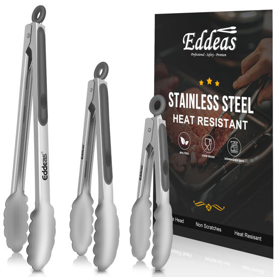 Picture of EDDEAS Tongs For Cooking - Heat Resistant 600 Degrees Stainless Steel Kitchen Tong,Heavy Duty Metal Locking Tongs - Perfect for Food, BBQ set of 3 (7",9" and 12") Grey