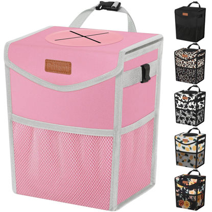 Picture of Pritent Car Trash Can with Lid, Cute Leakproof Car Trash Garbage Bag Hanging Vehicle Trash Bin Small Portable Automotive Garbage Cans Organizer for Back/Front Seat(Trapezoid,Pink