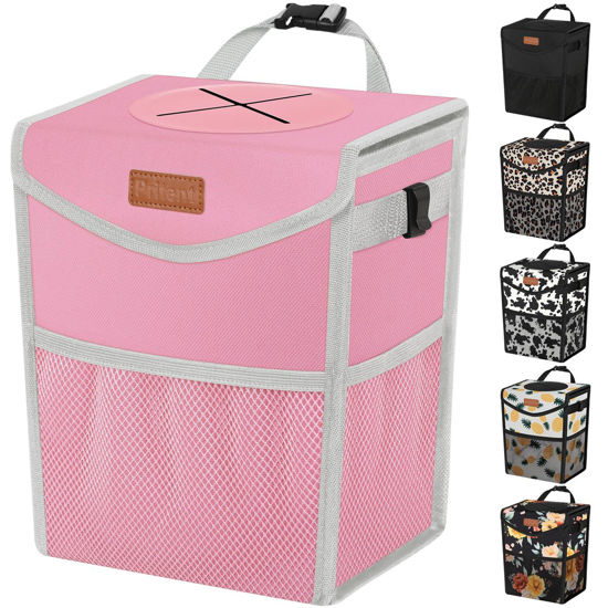 Picture of Pritent Car Trash Can with Lid, Cute Leakproof Car Trash Garbage Bag Hanging Vehicle Trash Bin Small Portable Automotive Garbage Cans Organizer for Back/Front Seat(Trapezoid,Pink