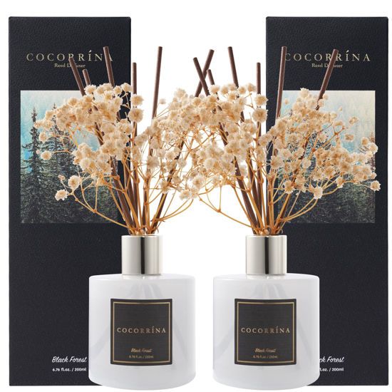 Picture of Cocorrína Premium Reed Diffuser Set with Preserved Baby's Breath & Cotton Stick Black Forest 2 Packs, 6.7oz Scent Fragrance Oil Diffuser for Bedroom Bathroom Home Décor
