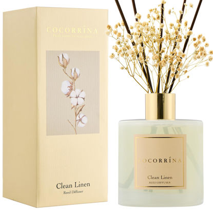 Picture of COCORRÍNA Reed Diffuser - Clean Linen 17 Fl.oz Reed Diffuser with 8 Sticks Scented Diffuser with Preserved Flowers for Bathroom Home Decor