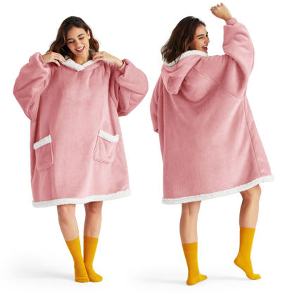 Picture of Bedsure Blanket Hoodie, Wearable Blanket for Adult & Kids as Gifts for Women Men, Birthday Gifts for Women Mom Sherpa Hoodie, Mellow Rose, Standard