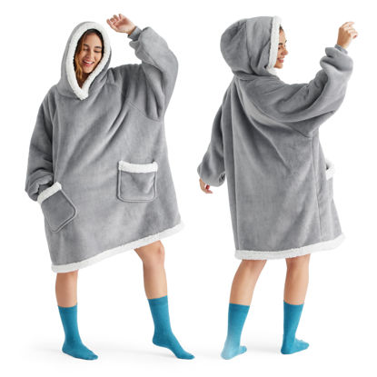 Picture of Bedsure Blanket Hoodie, Wearable Blanket for Adult & Kids as Gifts for Women Men, Birthday Gifts for Women Mom Sherpa Hoodie, Grey, Small