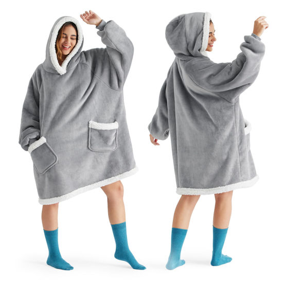 Picture of Bedsure Blanket Hoodie, Wearable Blanket for Adult & Kids as Gifts for Women Men, Birthday Gifts for Women Mom Sherpa Hoodie, Grey, Small