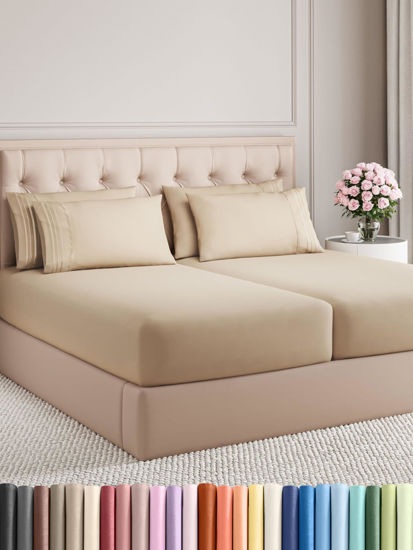 Picture of Split King 7 Piece Sheet Set - Breathable & Cooling Sheets - Hotel Luxury Bed Sheets - 1 Flat Sheet, 2 Fitted Sheets & 4 Pillowcases - Easy Fit, Soft & Wrinkle Free - Split King Cream Sheets