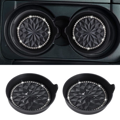 Picture of Amooca Car Cup Coaster Universal Non-Slip Cup Holders Bling Crystal Rhinestone Car Interior Accessories 2 Pack Black Flower