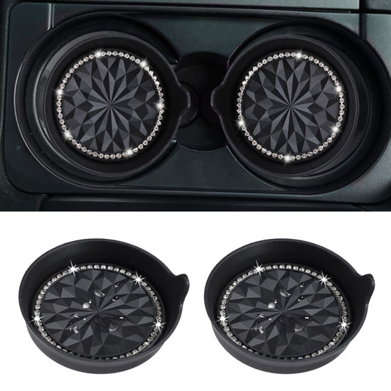 Picture of Amooca Car Cup Coaster Universal Non-Slip Cup Holders Bling Crystal Rhinestone Car Interior Accessories 2 Pack Black Flower