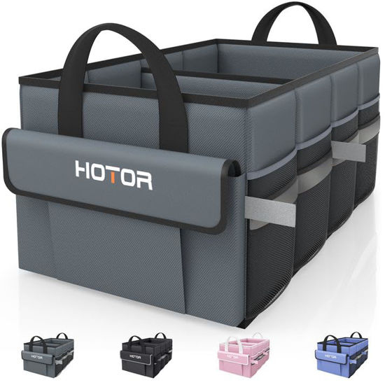 Picture of HOTOR Foldable Trunk Organizer - SUV, Sedan & Van, Sturdy Base Panel for Car Accessories, Grey, 2 Compartments, 21.3"12.6"10.6"