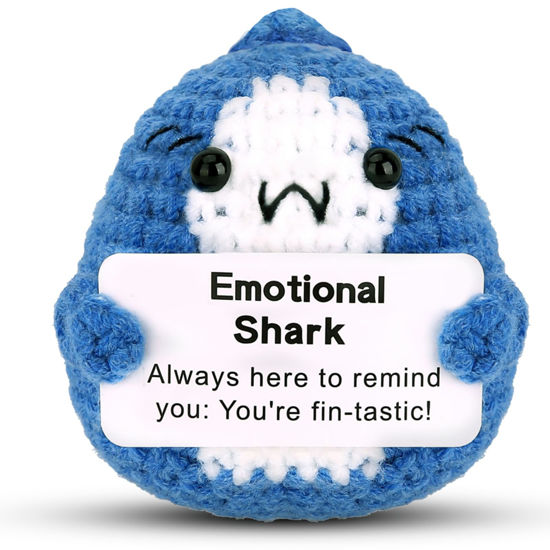 Picture of Hoedia Handmade Emotional Positive Pickle Gift, Cucumber Crochet Doll Inspirational Gifts with Cards, Cute Knitted Cucumber Mini Funny Support Pickle Potato Friend Birthday Gifts (Emotional Shark)