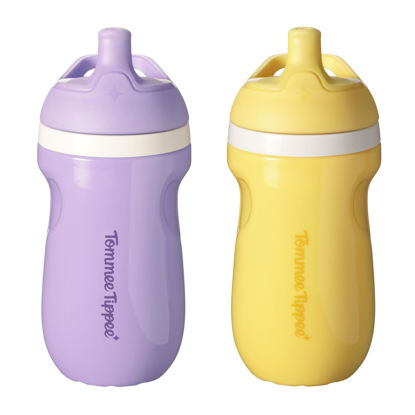 Picture of Tommee Tippee Insulated Sporty Spout Bottle, No Spill Toddler Water Bottle For 12 months +, Two-Piece Valve Helps Stop Spills, Yellow and Purple, 9oz, 2 count