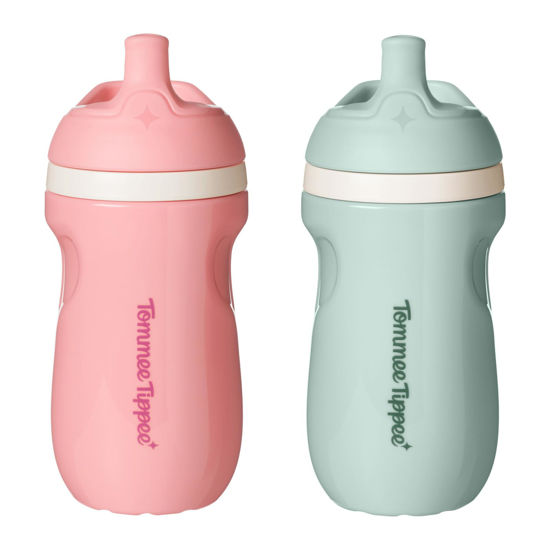 Picture of Tommee Tippee Insulated Sporty Spout Bottle, No Spill Toddler Water Bottle For 12 months +, Two-Piece Valve Helps Stop Spills, Pink and Mint, 9oz, 2 count