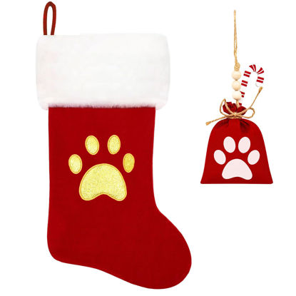 Picture of Eoocan 20 Inches Monogram Christmas Stockings Green Velvet with White Super Soft Plush Cuff Embroidered Pets Paw Xmas Stocking Classic Personalized Stocking Decoration for Family Holiday Season Decor