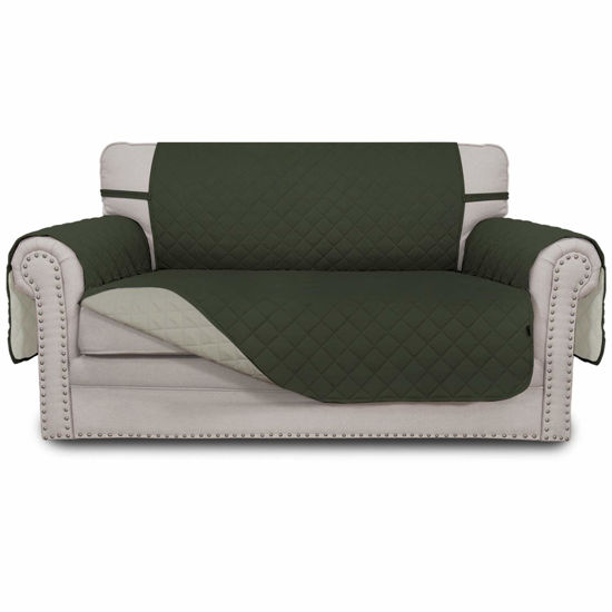 Picture of Easy-Going Reversible Loveseat Couch Cover for 2 Cushion Couch Sofa Cover for Dogs Water Resistant Furniture Protector with Foam Sticks Elastic Straps for Pet (Loveseat, Army Green/Beige)