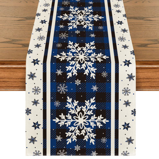 Picture of Artoid Mode Buffalo Plaid Snowflakes Blue Christmas Table Runner, Seasonal Winter Kitchen Dining Table Decoration for Home Party Decor 13x60 Inch