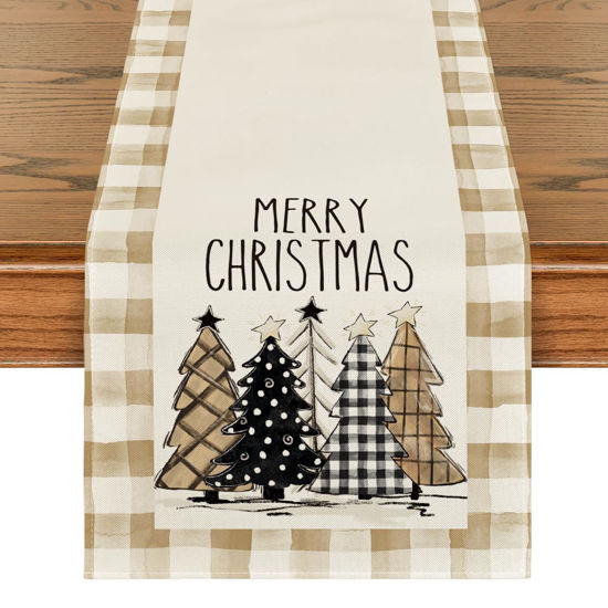 Picture of Artoid Mode Watercolor Brown Buffalo Plaid Christmas Trees Merry Xmas Table Runner, Seasonal Winter Holiday Kitchen Dining Table Decoration for Home Party Decor 13 x 36 Inch