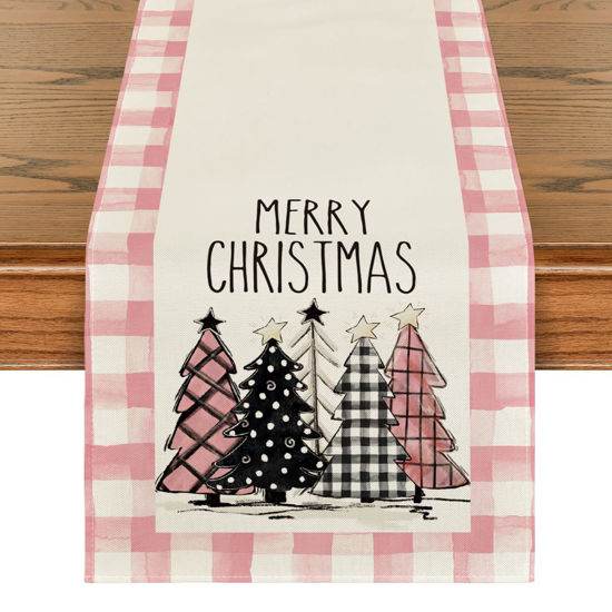 Picture of Artoid Mode Watercolor Pink Buffalo Plaid Christmas Trees Merry Xmas Table Runner, Seasonal Winter Holiday Kitchen Dining Table Decoration for Indoor Outdoor Home Party Decor 13 x 48 Inch