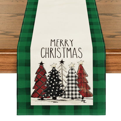 Picture of Artoid Mode Watercolor Green and Black Buffalo Plaid Christmas Trees Merry Xmas Table Runner, Seasonal Winter Holiday Kitchen Dining Table Decoration for Indoor Outdoor Home Party Decor 13 x 48 Inch