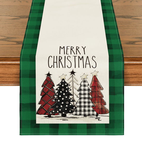 Picture of Artoid Mode Watercolor Green and Black Buffalo Plaid Christmas Trees Merry Xmas Table Runner, Seasonal Winter Holiday Kitchen Dining Table Decoration for Indoor Outdoor Home Party Decor 13 x 90 Inch