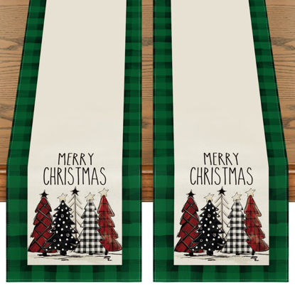 Picture of Artoid Mode Green Buffalo Plaid Xmas Trees 2PCS Merry Christmas Table Runner, Seasonal Winter Holiday Table Decoration for Home Party Decor 13 x 72 Inch