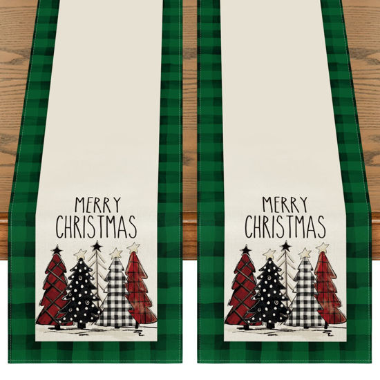 Picture of Artoid Mode Green Buffalo Plaid Xmas Trees 2PCS Merry Christmas Table Runner, Seasonal Winter Holiday Table Decoration for Home Party Decor 13 x 72 Inch