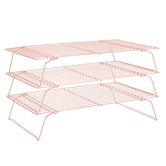 Picture of Cooling Rack for Baking 3 Tiers, 16" x 10" Cookie Cooling Wire Rack Stackable Collapsible Nonstick, Stainless Steel Baking Cooking Cooling Racks with Optimum Air Flow, Rose Gold