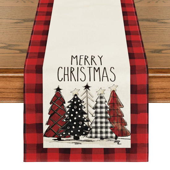 Picture of Artoid Mode Watercolor Red and Black Buffalo Plaid Christmas Trees Merry Xmas Table Runner, Seasonal Winter Holiday Kitchen Dining Table Decoration for Indoor Outdoor Home Party Decor 13 x 36 Inch