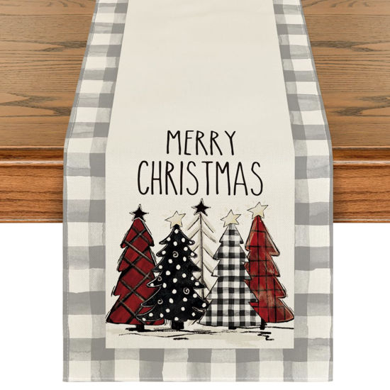 Picture of Artoid Mode Waterclor Grey Buffalo Plaid Christmas Trees Merry Xmas Table Runner, Seasonal Winter Holiday Kitchen Dining Table Decoration for Indoor Outdoor Home Party Decor 13 x 72 Inch