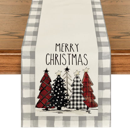 Picture of Artoid Mode Waterclor Grey Buffalo Plaid Christmas Trees Merry Xmas Table Runner, Seasonal Winter Holiday Kitchen Dining Table Decoration for Indoor Outdoor Home Party Decor 13 x 36 Inch