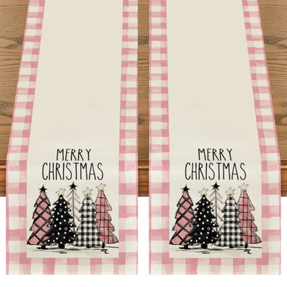 Picture of Artoid Mode Pink Buffalo Plaid Xmas Trees 2PCS Merry Christmas Table Runner, Seasonal Winter Holiday Table Decoration for Home Party Decor 13 x 72 Inch
