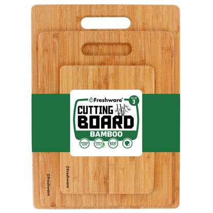 Picture of Bamboo Cutting Boards for Kitchen [Set of 3] Wood Cutting Board for Chopping Meat, Vegetables, Fruits, Cheese, Knife Friendly Serving Tray with Handles