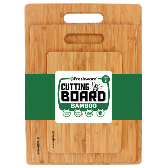 Picture of Bamboo Cutting Boards for Kitchen [Set of 3] Wood Cutting Board for Chopping Meat, Vegetables, Fruits, Cheese, Knife Friendly Serving Tray with Handles