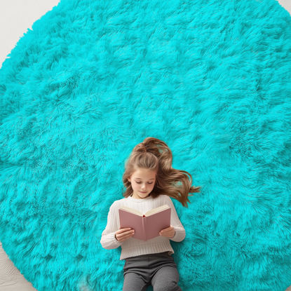 Picture of OLANLY Teal Blue Round Rugs for Bedroom - Machine Washable, 9x9 Feet Circle Area Rugs for Living Room, Soft and Fluffy Shaggy Carpet for Teen Girls and Boys, Nursery Rooms, Dorms, Home Decor Aesthetic