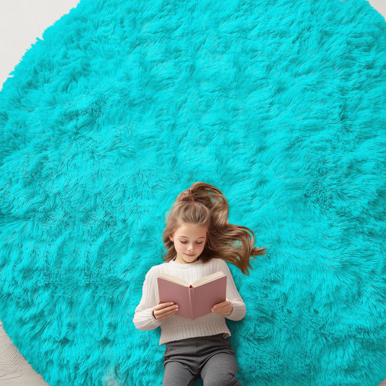 Picture of OLANLY Teal Blue Round Rugs for Bedroom - Machine Washable, 9x9 Feet Circle Area Rugs for Living Room, Soft and Fluffy Shaggy Carpet for Teen Girls and Boys, Nursery Rooms, Dorms, Home Decor Aesthetic