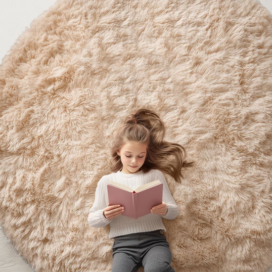 Picture of OLANLY Beige Round Rugs for Bedroom - Machine Washable, 7x7 Feet Circle Area Rugs for Living Room, Soft and Fluffy Shaggy Carpet for Teen Girls and Boys, Dorms, Nursery Rooms, Home Decor Aesthetic