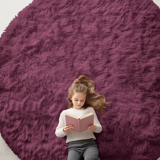 Picture of OLANLY Burgundy Round Rugs for Bedroom - Machine Washable, 9x9 Feet Circle Area Rugs for Living Room, Soft and Fluffy Shaggy Carpet for Teen Girls and Boys, Dorms, Nursery Rooms, Home Decor Aesthetic