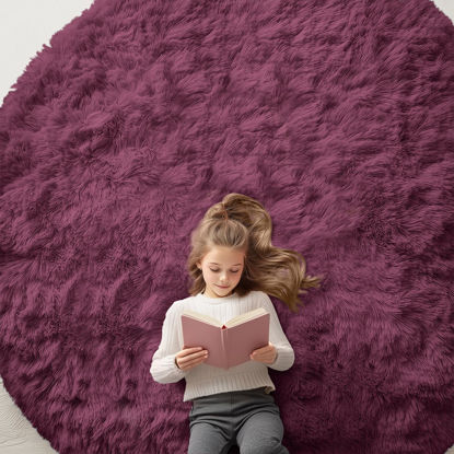 Picture of OLANLY Burgundy Round Rugs for Bedroom - Machine Washable, 8x8 Feet Circle Area Rugs for Living Room, Soft and Fluffy Shaggy Carpet for Teen Girls and Boys, Dorms, Nursery Rooms, Home Decor Aesthetic