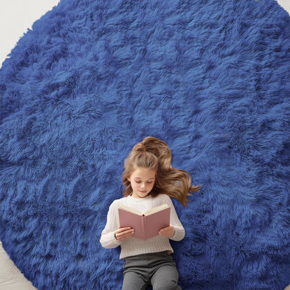 Picture of OLANLY Navy Blue Round Rugs for Bedroom - Machine Washable, 9x9 Feet Circle Area Rugs for Living Room, Soft and Fluffy Shaggy Carpet for Teen Girls and Boys, Nursery Rooms, Dorms, Home Decor Aesthetic