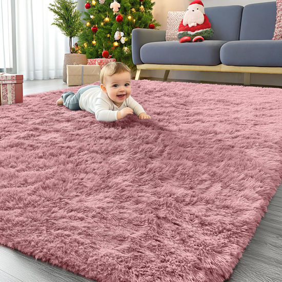 Picture of OLANLY 5x8 Machine Washable Large Area Rugs for Living Room, Bedroom, Soft Fluffy Shaggy Bedside Rug, Indoor Floor Carpet for Kids Girls and Boys, Dorms, Nursery, Home Decor Aesthetic, Pale Pink