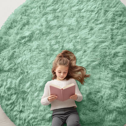 Picture of OLANLY Mint Green Round Rugs for Bedroom - Machine Washable, 7x7 Feet Circle Area Rugs for Living Room, Soft and Fluffy Shaggy Carpet for Teen Girl and Boys, Dorms, Nursery Rooms, Home Decor Aesthetic