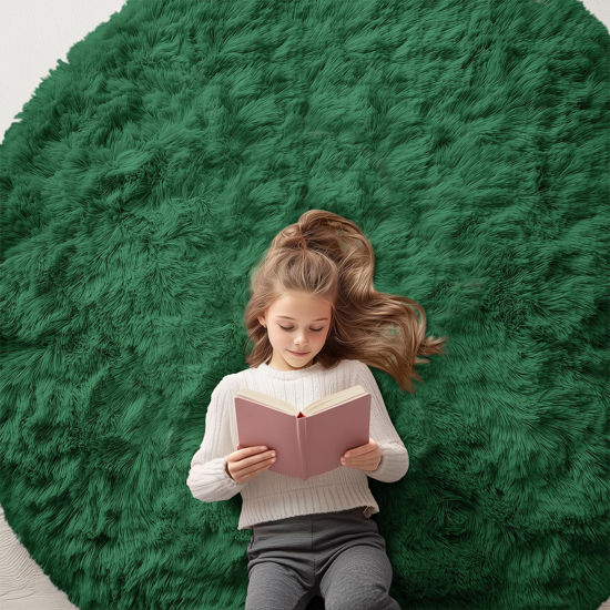 Picture of OLANLY Dark Green Round Rugs for Bedroom - Machine Washable, 6x6 Feet Circle Area Rugs for Living Room, Soft Fluffy Shaggy Carpet for Teen Girls and Boys, Dorms, Nursery Rooms, Home Decor Aesthetic
