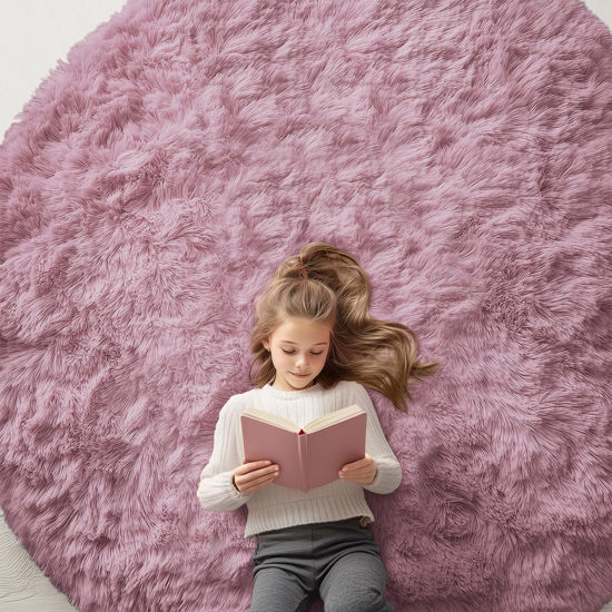 Picture of OLANLY Blush Round Rugs for Bedroom - Machine Washable, 7x7 Feet Circle Area Rugs for Living Room, Soft and Fluffy Shaggy Carpet for Teen Girls and Boys, Dorms, Nursery Rooms, Home Decor Aesthetic