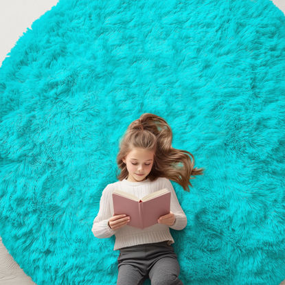 Picture of OLANLY Teal Blue Round Rugs for Bedroom - Machine Washable, 7x7 Feet Circle Area Rugs for Living Room, Soft and Fluffy Shaggy Carpet for Teen Girls and Boys, Dorms, Nursery Rooms, Home Decor Aesthetic