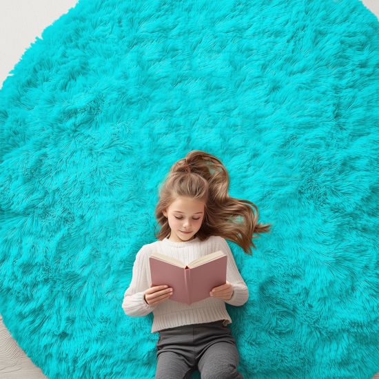 Picture of OLANLY Teal Blue Round Rugs for Bedroom - Machine Washable, 7x7 Feet Circle Area Rugs for Living Room, Soft and Fluffy Shaggy Carpet for Teen Girls and Boys, Dorms, Nursery Rooms, Home Decor Aesthetic