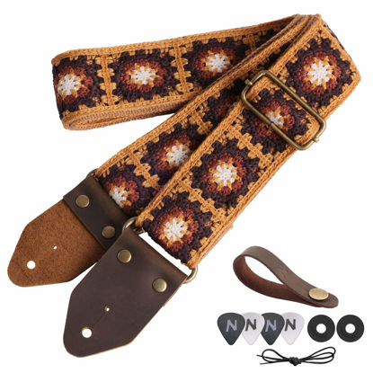 Picture of Nefelibata Guitar Strap,Crazy Horse Leather Jacquard Embroidery Cotton Guitar Straps for Bass, Electric & Acoustic, Best Gifts for Guitarists(Sunflower Yellow Embroidery)