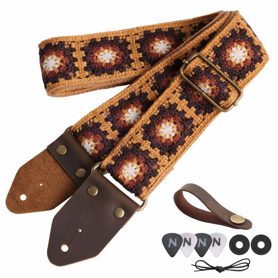 Picture of Nefelibata Guitar Strap,Crazy Horse Leather Jacquard Embroidery Cotton Guitar Straps for Bass, Electric & Acoustic, Best Gifts for Guitarists(Sunflower Yellow Embroidery)