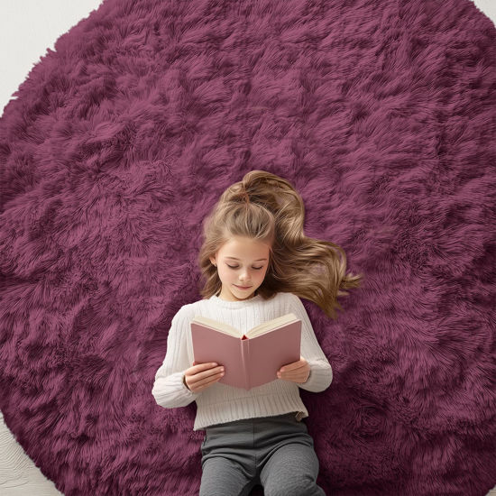 Picture of OLANLY Burgundy Round Rugs for Bedroom - Machine Washable, 6x6 Feet Circle Area Rugs for Living Room, Soft and Fluffy Shaggy Carpet for Teen Girls and Boys, Dorms, Nursery Rooms, Home Decor Aesthetic